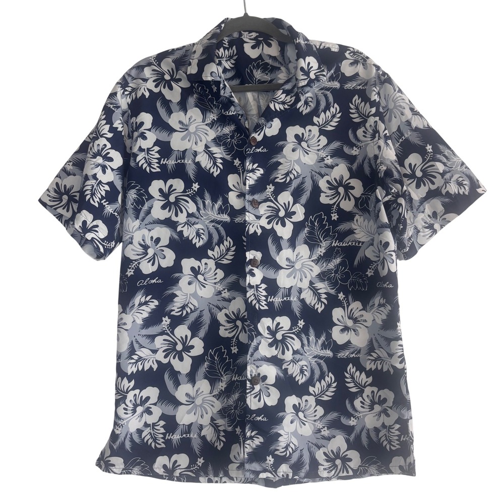 Tropical Storm Men's Hawaiian Aloha Shirt Navy Blue White Floral Medium